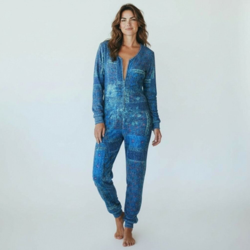 Natural Life One Piece Pajama Jumpsuit Patchwork Fleece Loungewear Sz M Blue